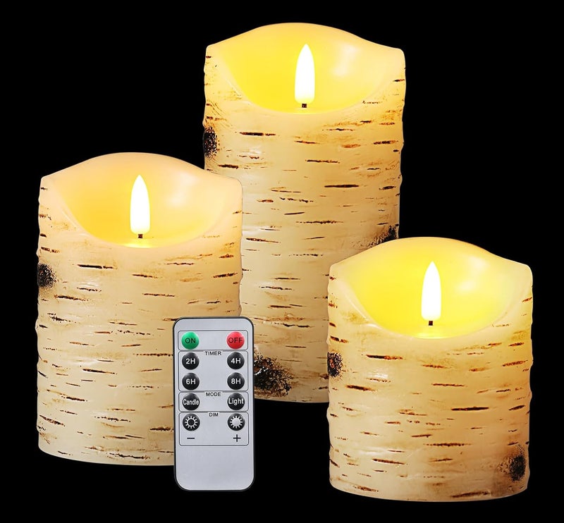 qinxiang Flameless Candles LED Candles Birch Bark Set of 3 (D 3.25" x H 4" 5" 6") Ivory Real Wax Pillar Battery Operated Candles with LED Flame 10-Key Remote Control and Cycling 24 Hours Timer - Image 1